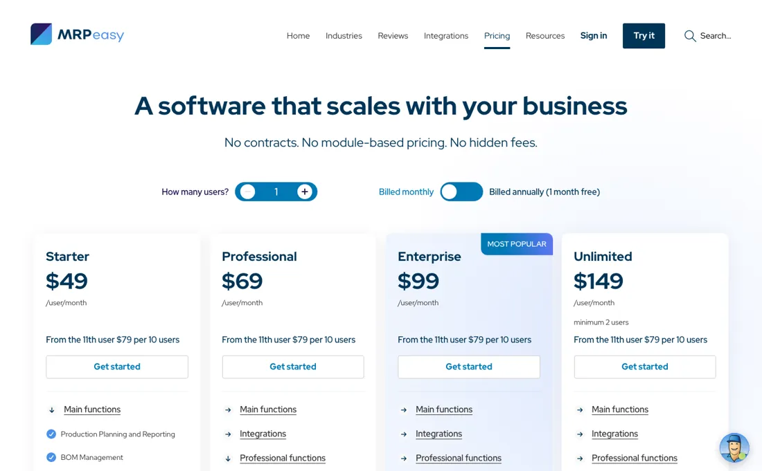 MRPeasy pricing page