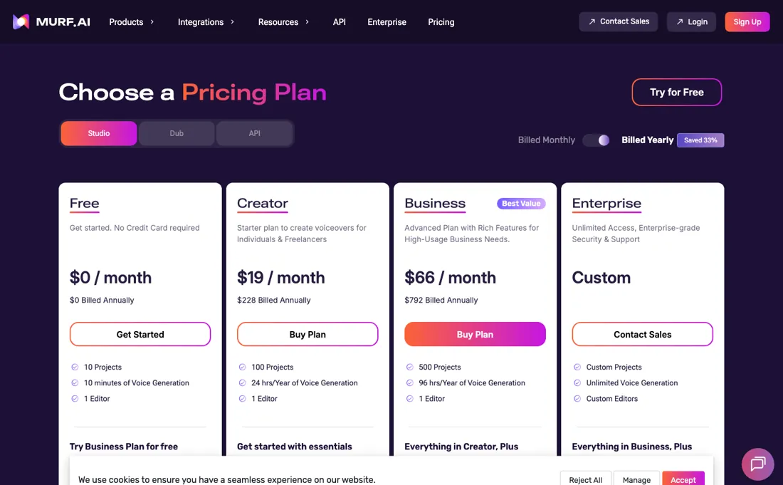Murf pricing page