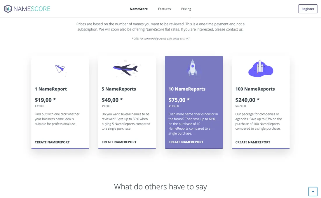 NameRobot pricing page