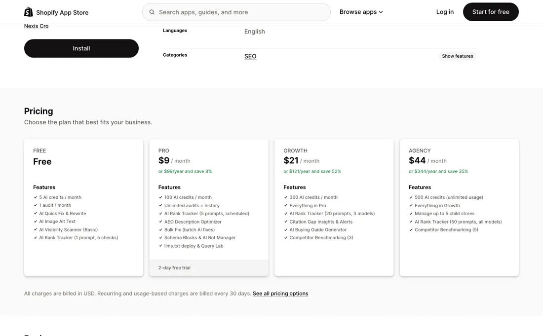 Nexis CRO pricing page