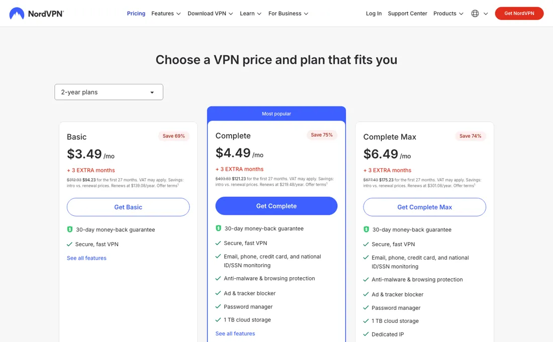 NordVPN pricing page