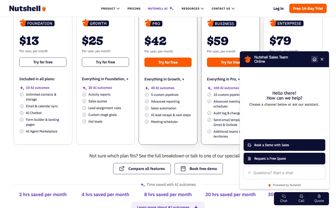 Nutshell pricing page