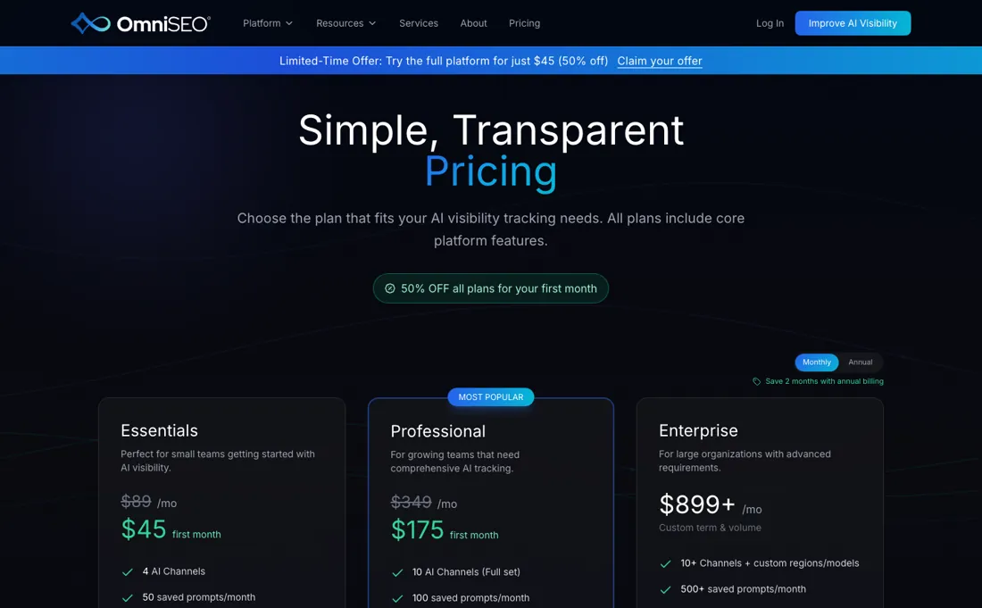 Omniseo pricing page