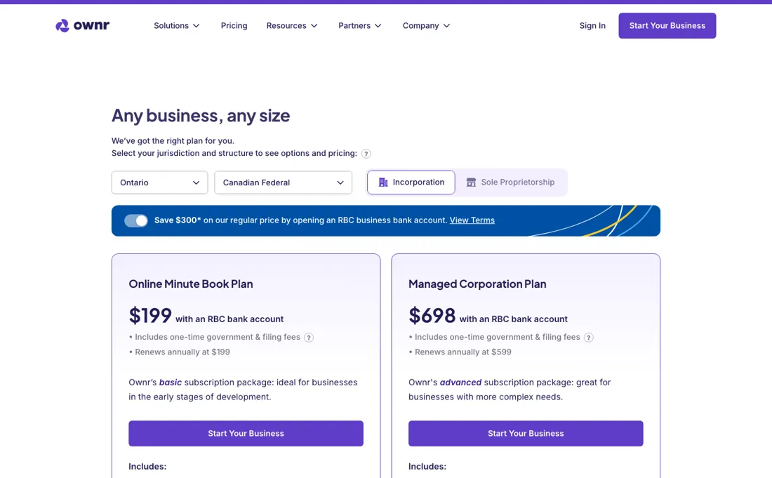 Ownr pricing page