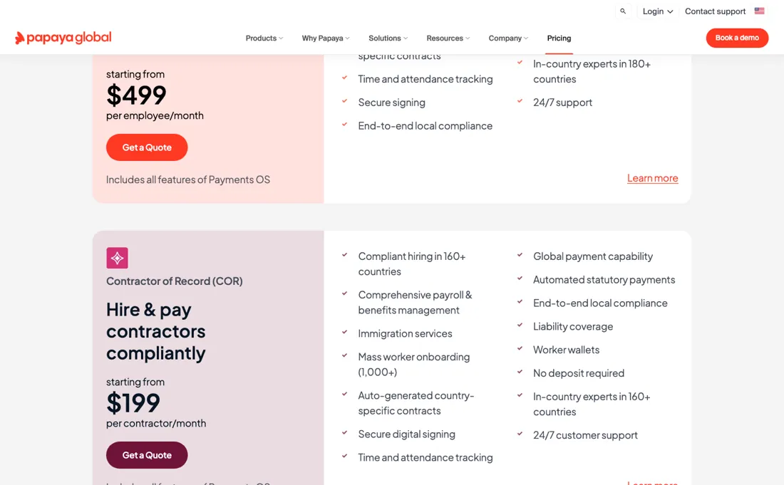 Papaya Global pricing page