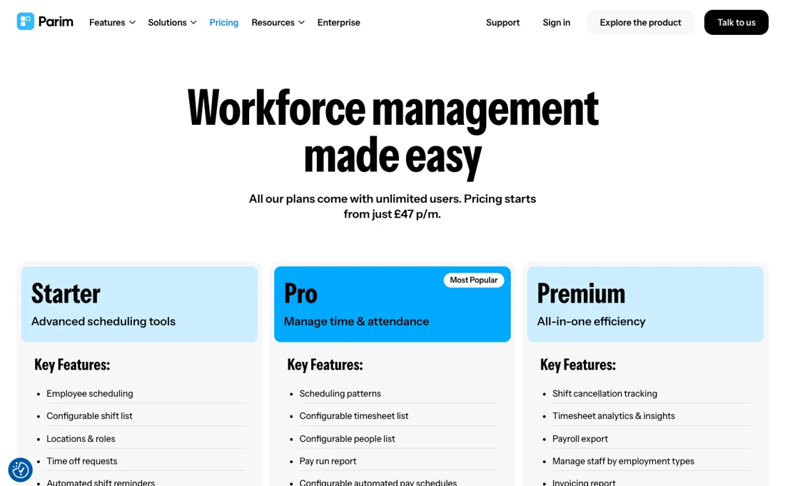Parim pricing page