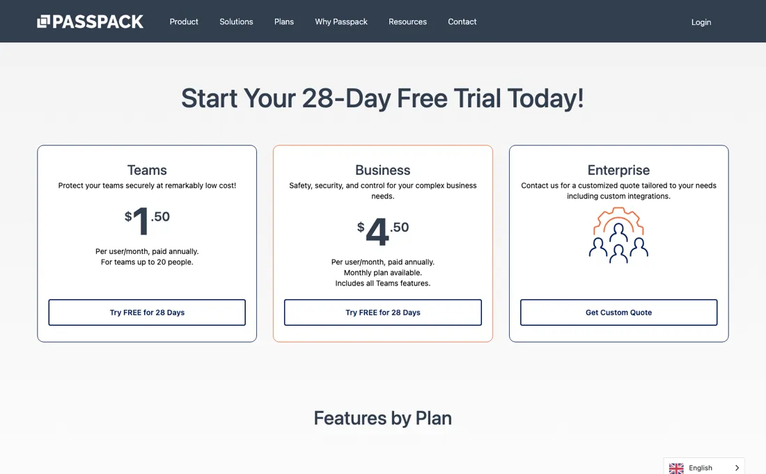 Passpack pricing page