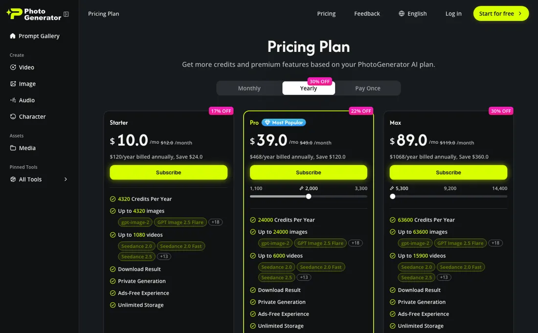 PhotoGenerator pricing page