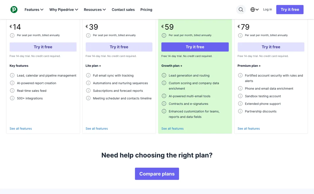 Pipedrive pricing page