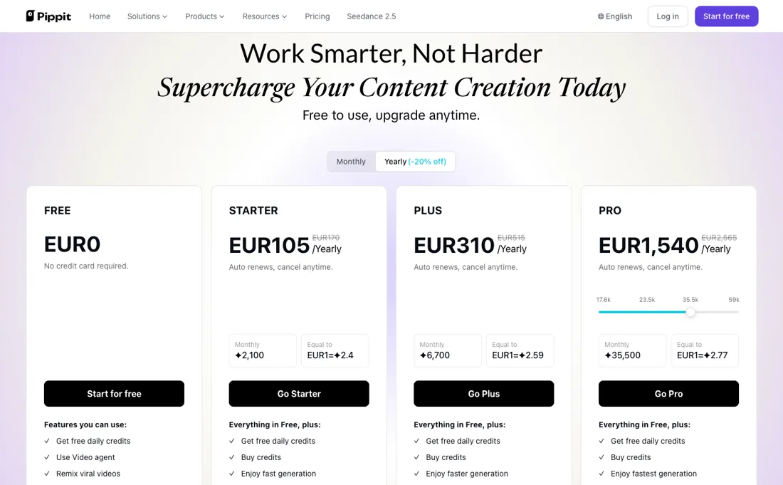 Pippit pricing page