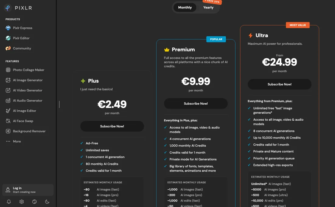 Pixlr pricing page