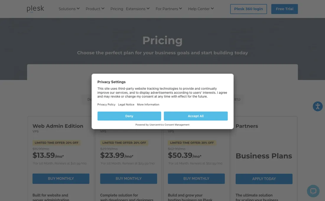 Plesk pricing page