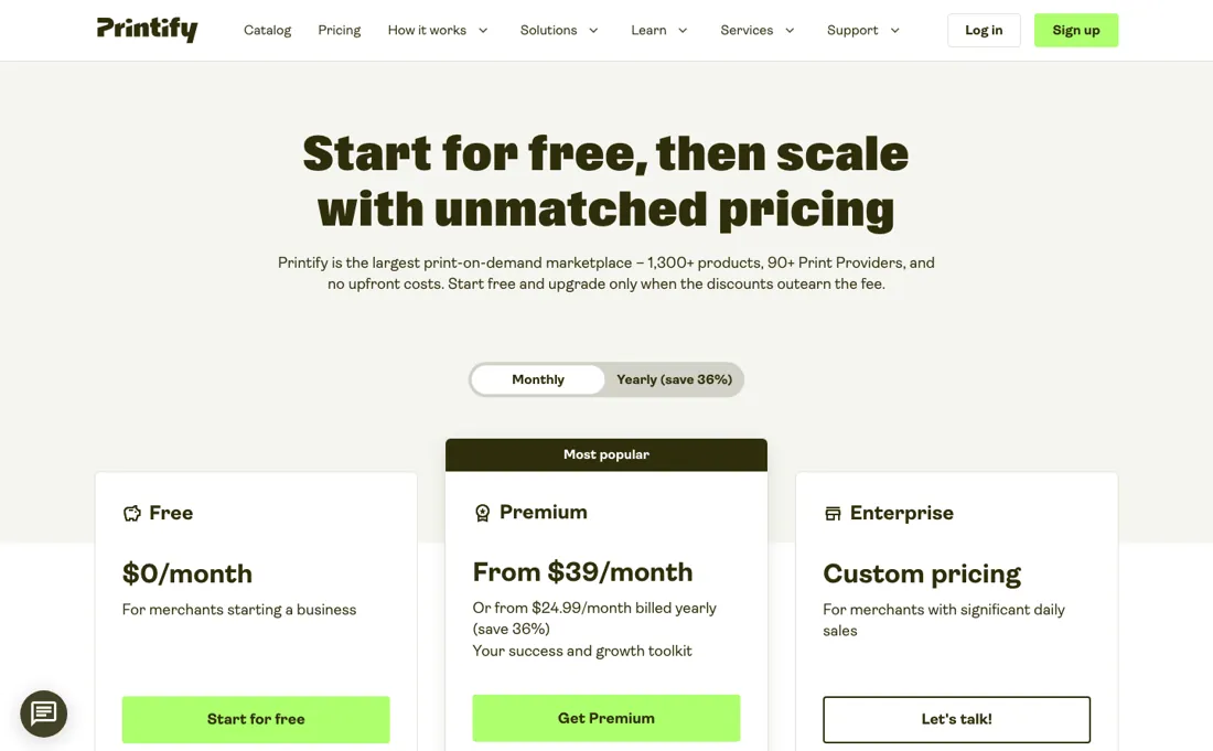 Printify pricing page
