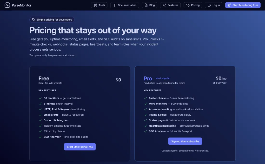 PulseMonitor pricing page