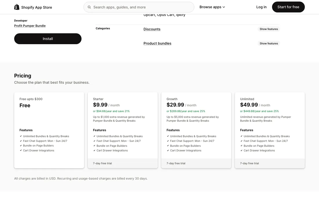 Pumper Bundles pricing page