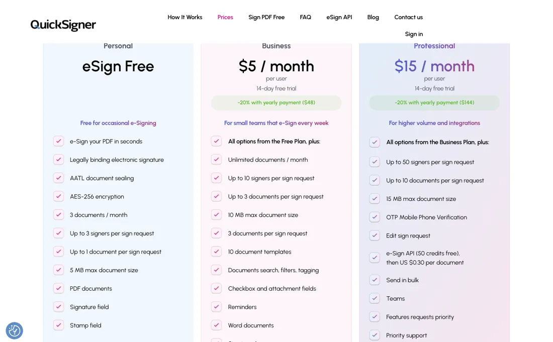 QuickSigner pricing page