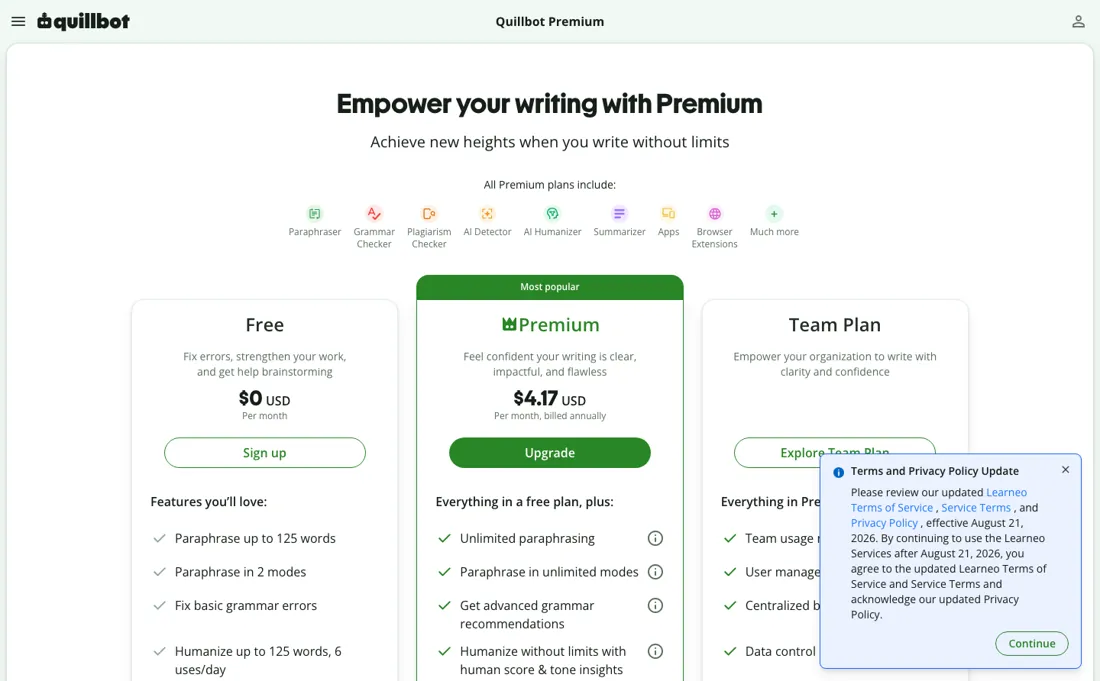 QuillBot pricing page