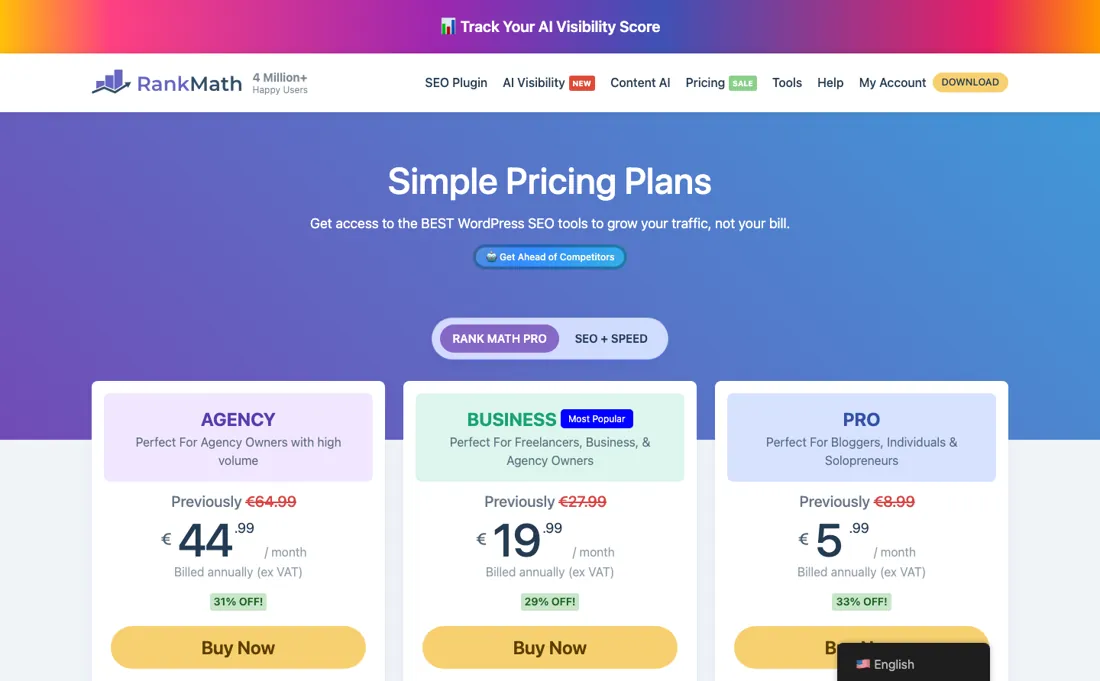 Rank Math pricing page