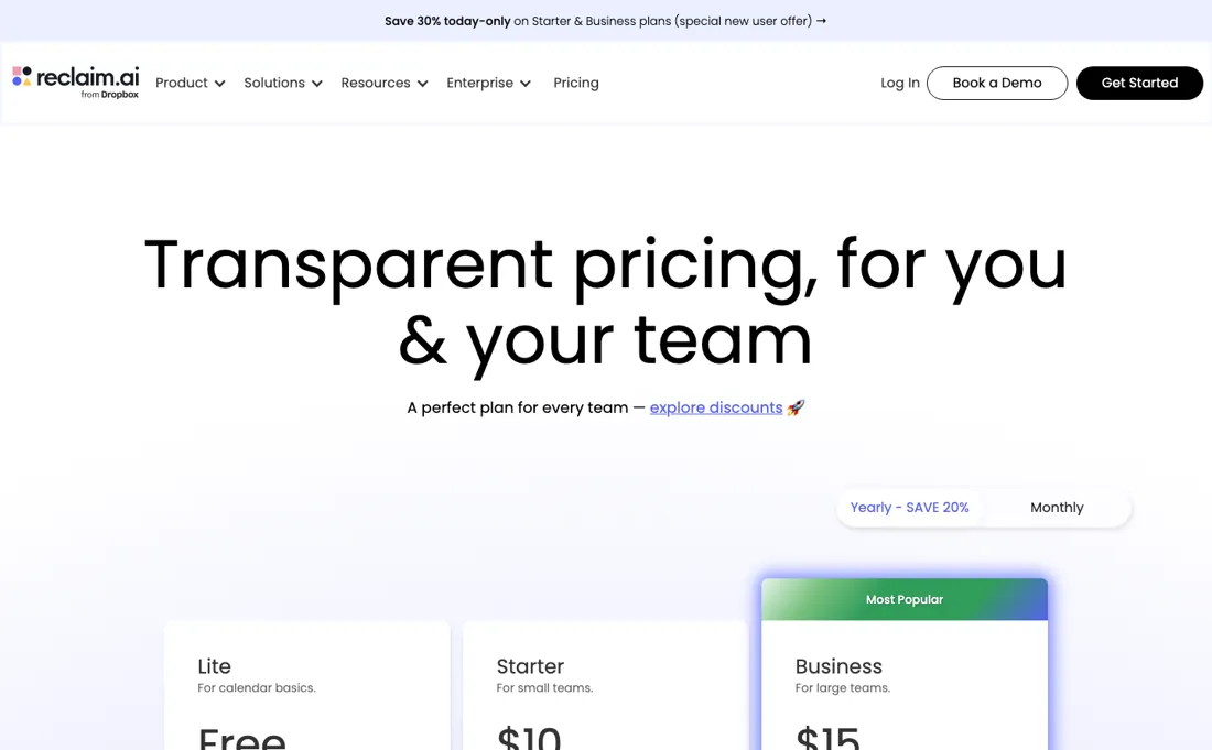 Reclaim.ai pricing page