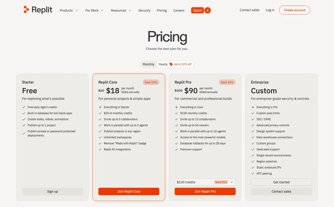 Replit pricing page