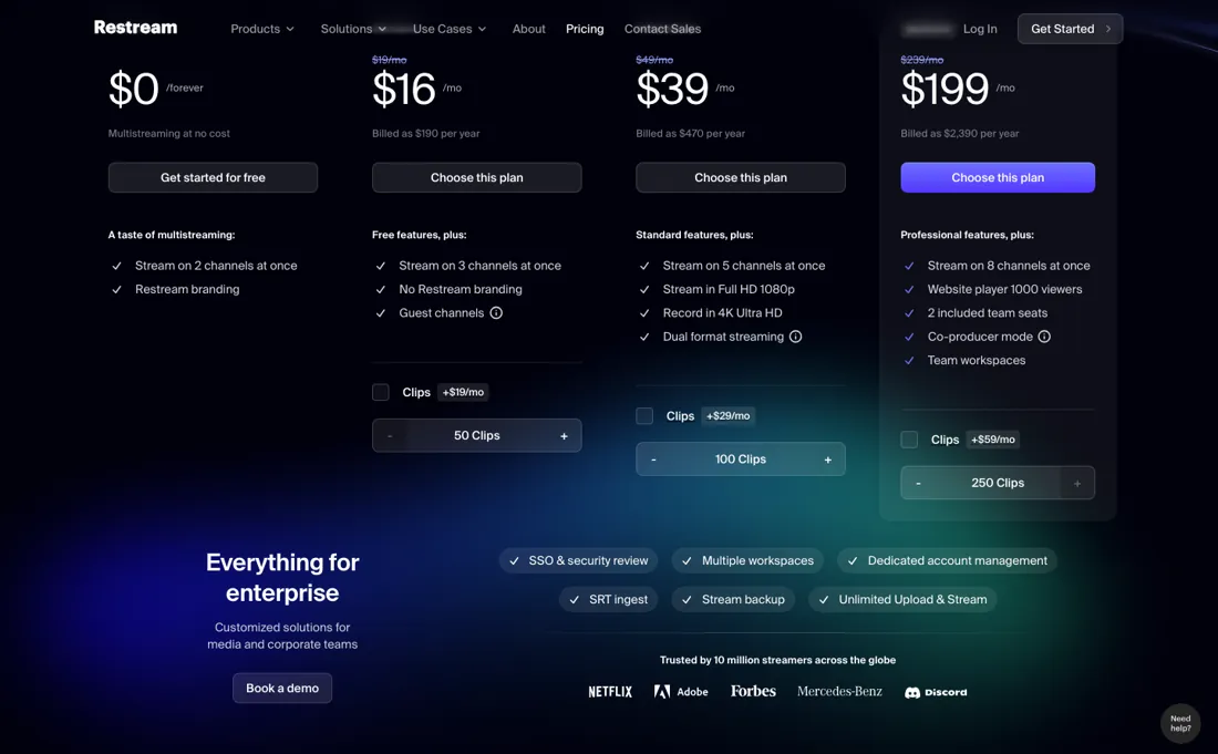 Restream pricing page