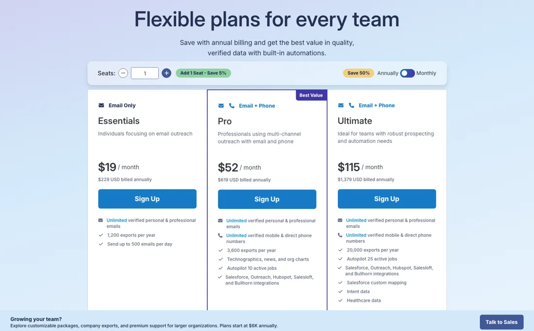RocketReach pricing page