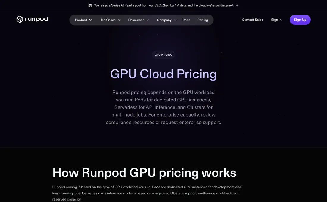 RunPod pricing page