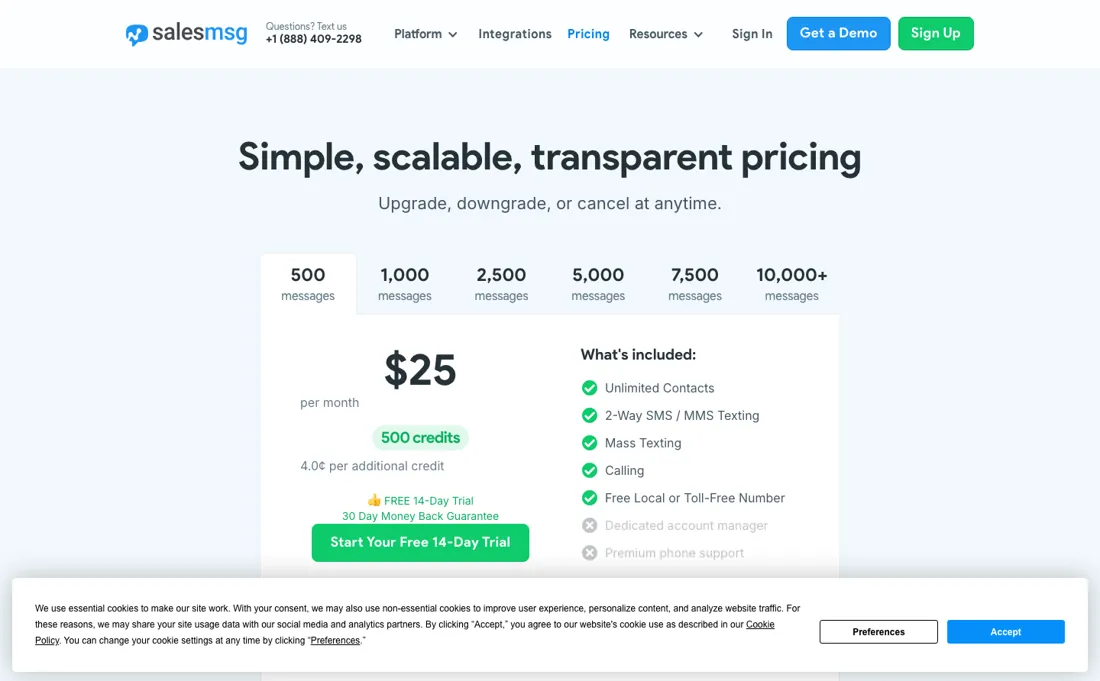 Salesmsg pricing page