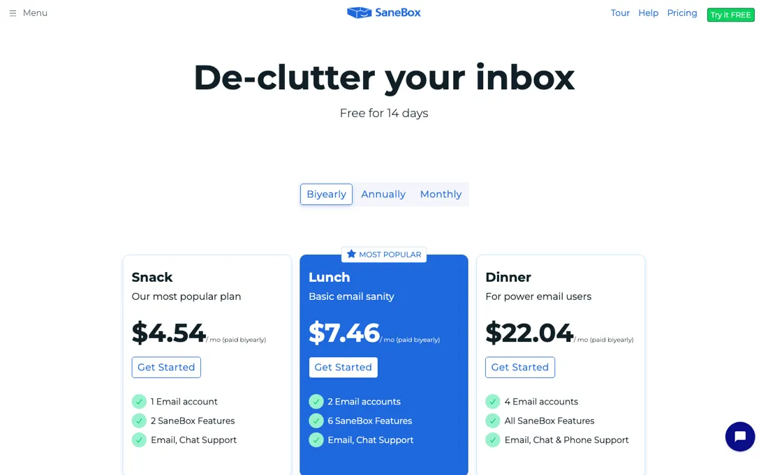 SaneBox pricing page