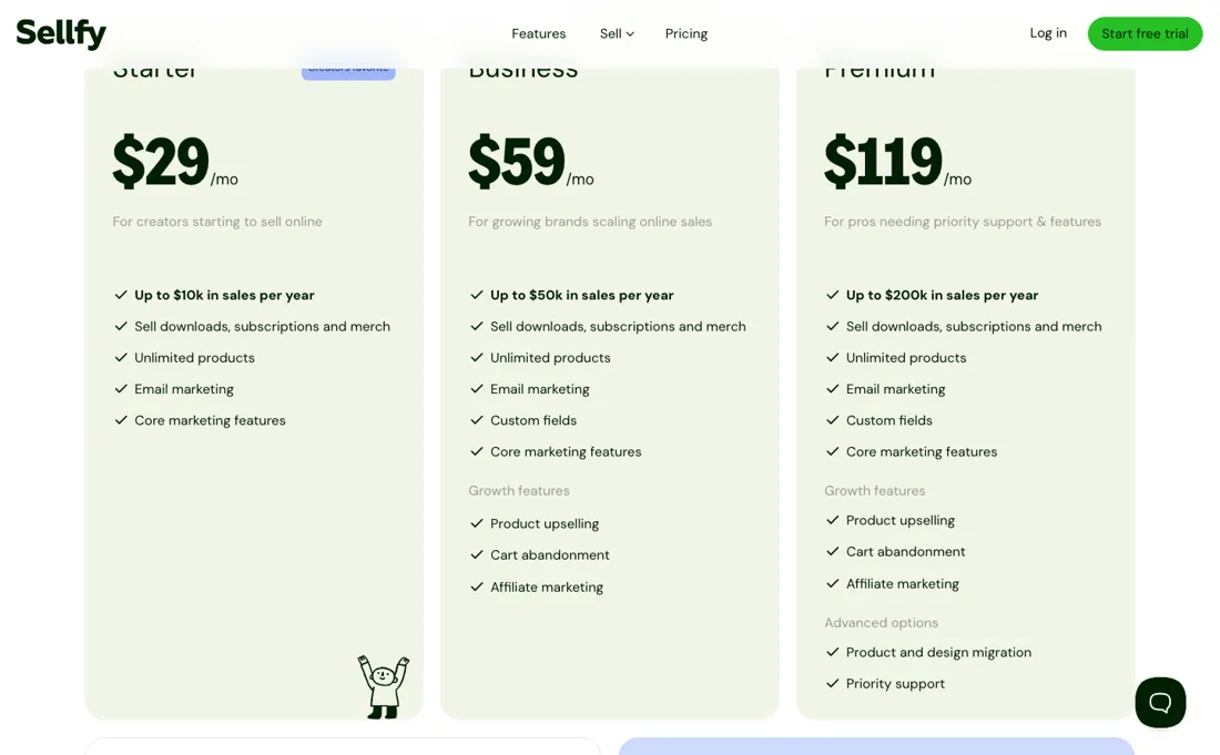 Sellfy pricing page