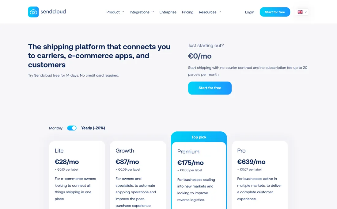 Sendcloud pricing page