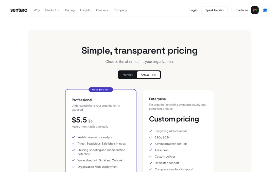 Sentaro pricing page