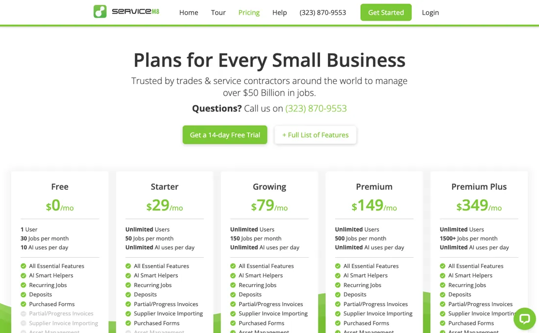 ServiceM8 pricing page
