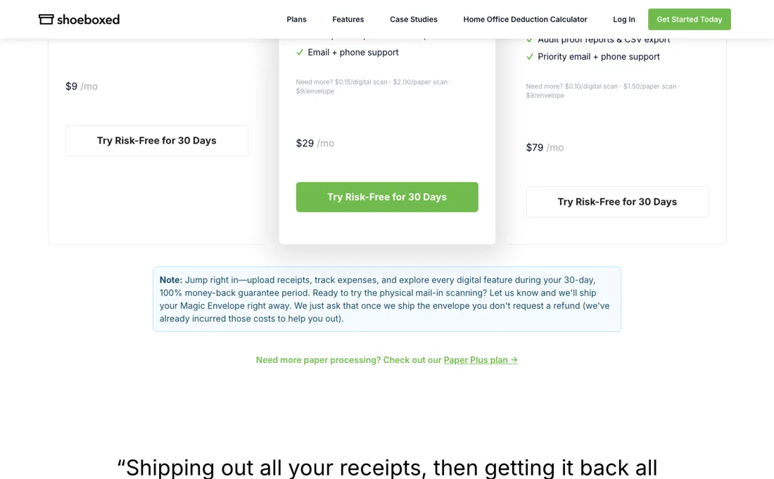 Shoeboxed pricing page