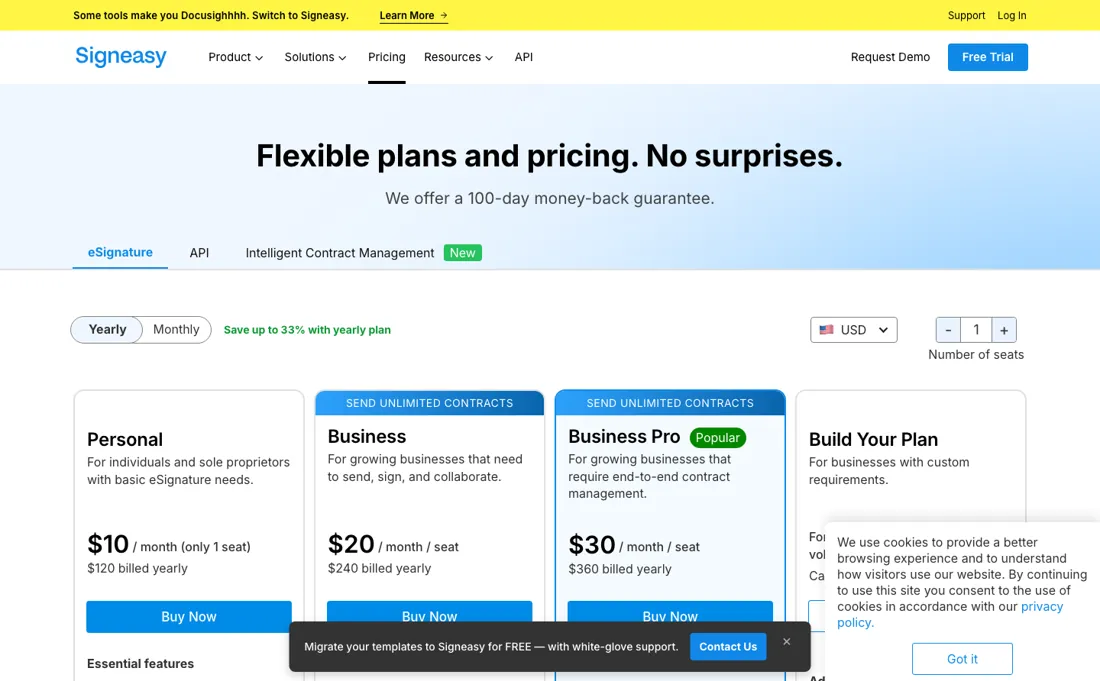 Signeasy pricing page