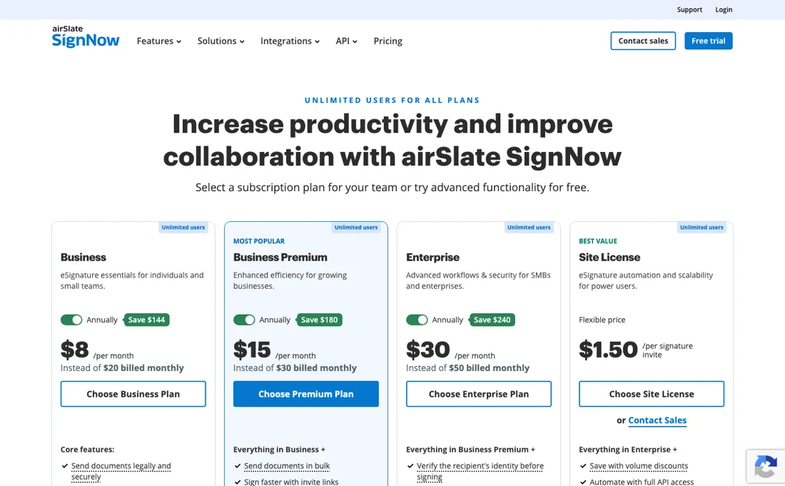 SignNow pricing page