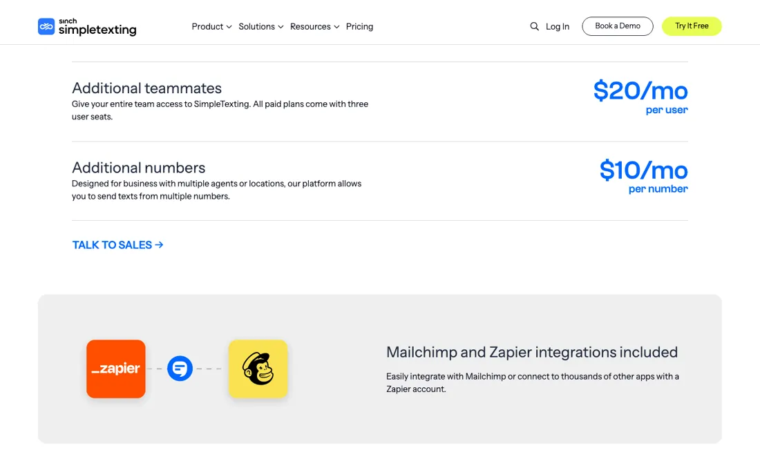 SimpleTexting pricing page