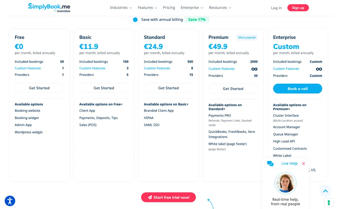 SimplyBook.me pricing page