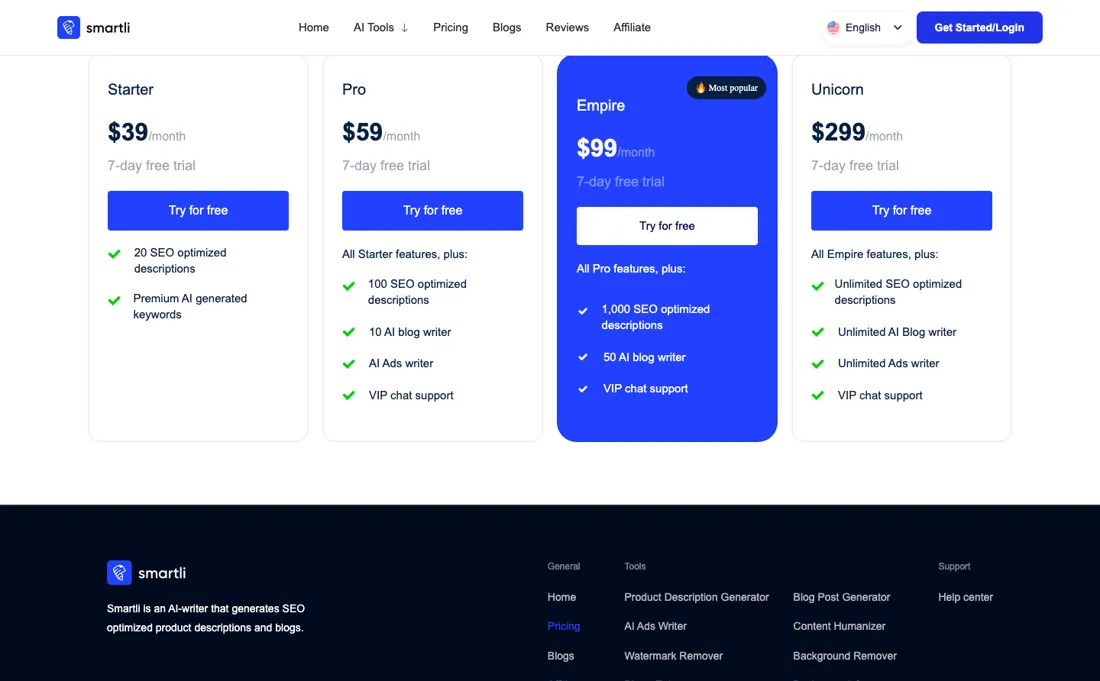 Smartli pricing page