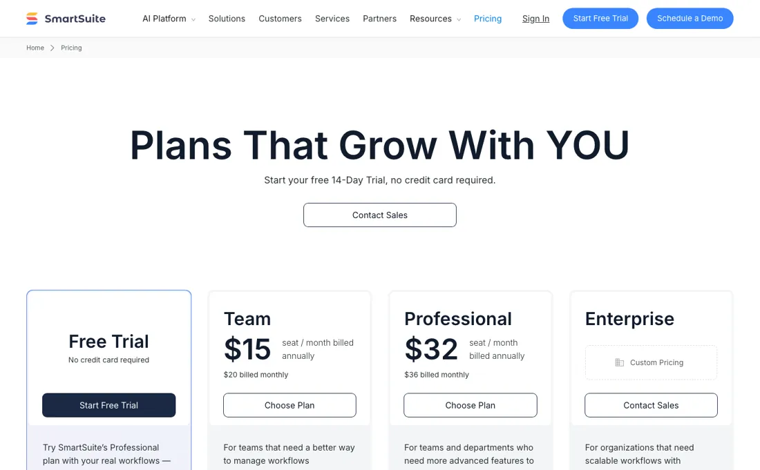 SmartSuite pricing page