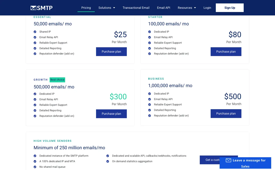 SMTP.com pricing page