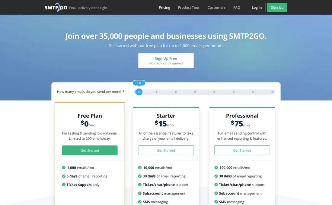 SMTP2GO pricing page