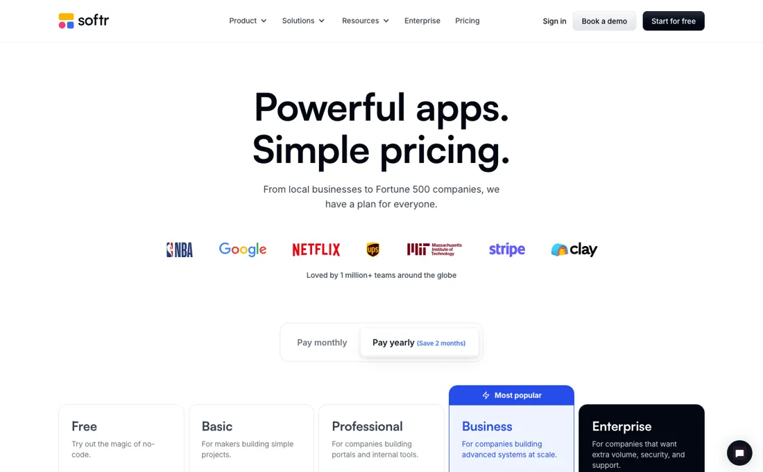 Softr pricing page