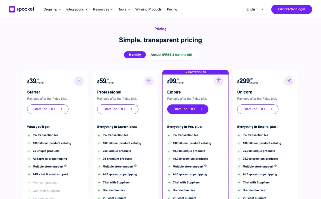 Spocket pricing page