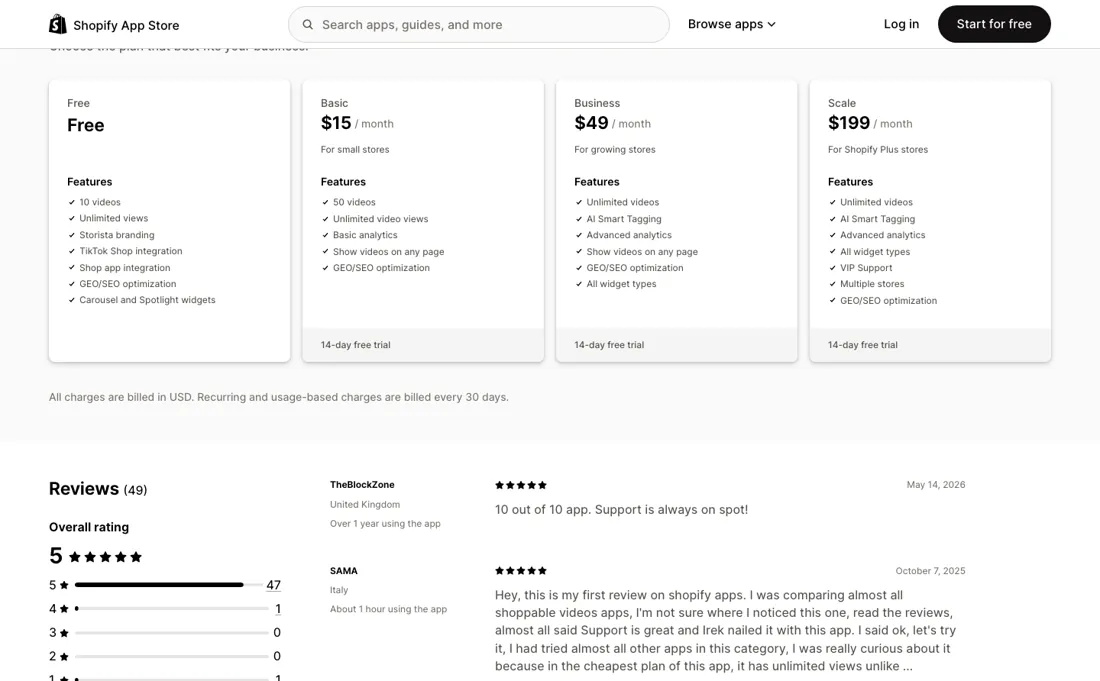 Storista pricing page
