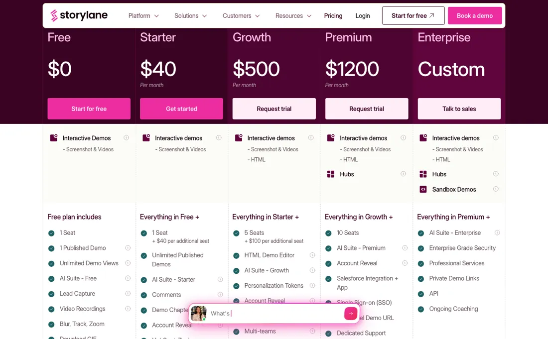 Storylane pricing page