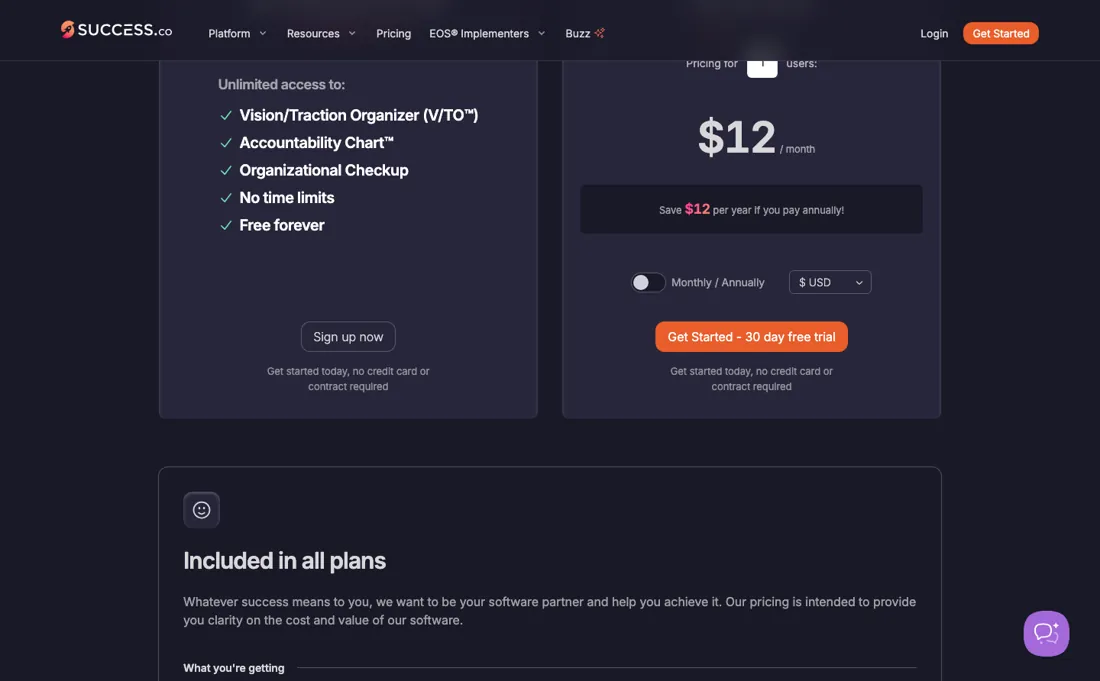 Success.co pricing page