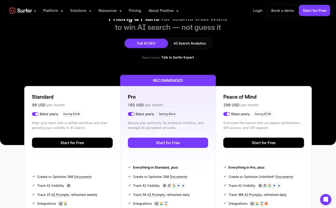 Surfer (SurferSEO) pricing page
