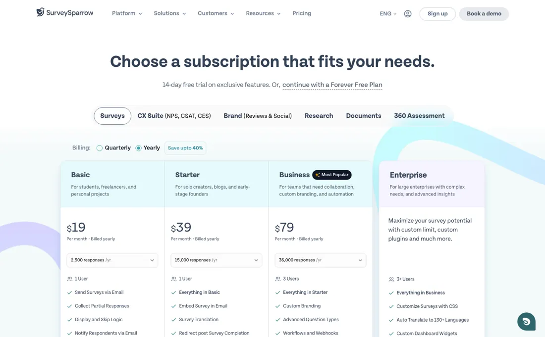 SurveySparrow pricing page