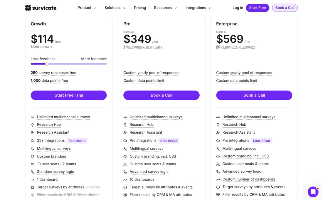 Survicate pricing page